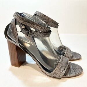 Vince Farley Ankle Wrap Sandals, Gray Reptile Block Heels, Open Toe, Size 10